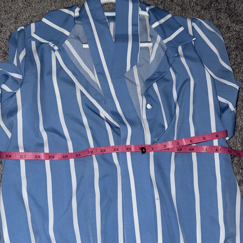Womens Striped Button Down Shirt Dress Casual Puff Short Sleeve - Picture 3 of 4